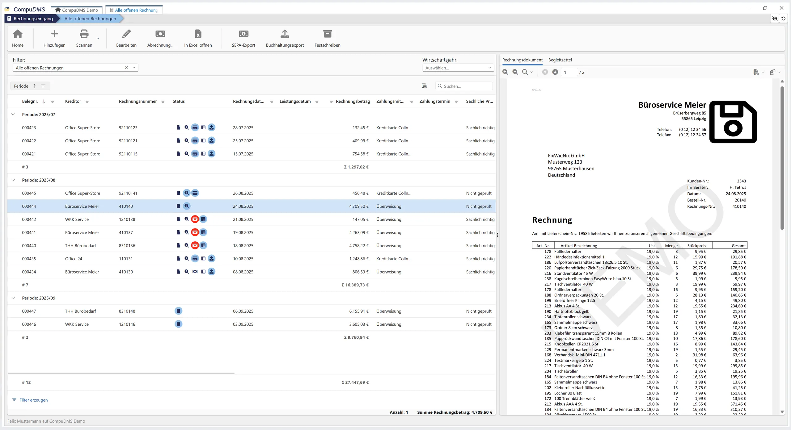 CompuDMS Rechnungseingang Übersicht