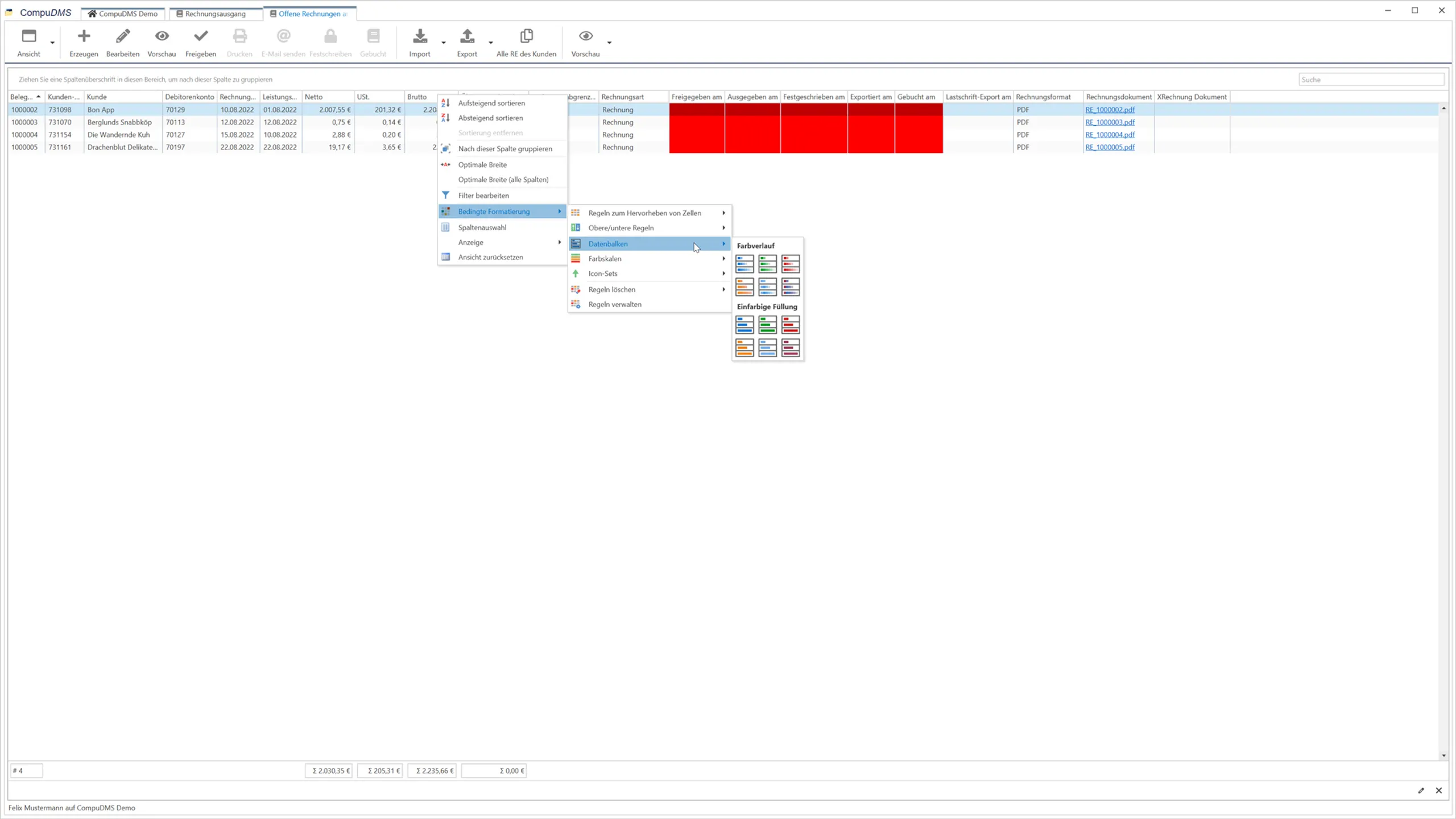 Screenshot CompuDMS Rechnungsstellung Listenansicht